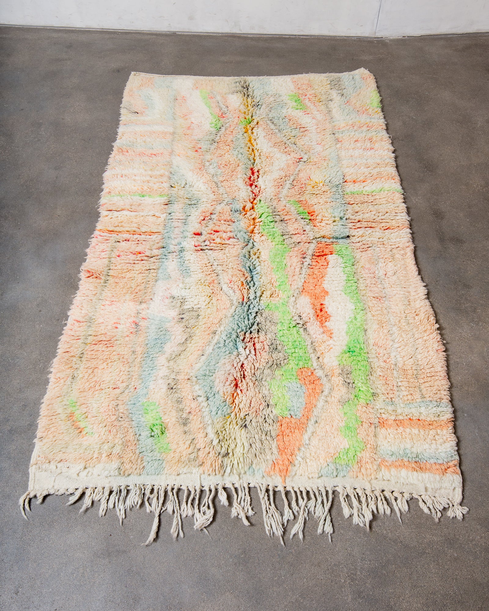 Modern, designer, handcrafted Berber rug from Morocco. Vintage carpet with beautiful colours and patterns and fluffy texture.